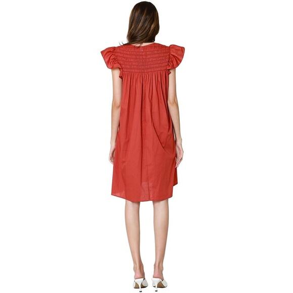 SEA New York Gladys Hand Smocked Rust Flutter Sleeve Cotton Tunic Mini Dress - Picture 2 of 8